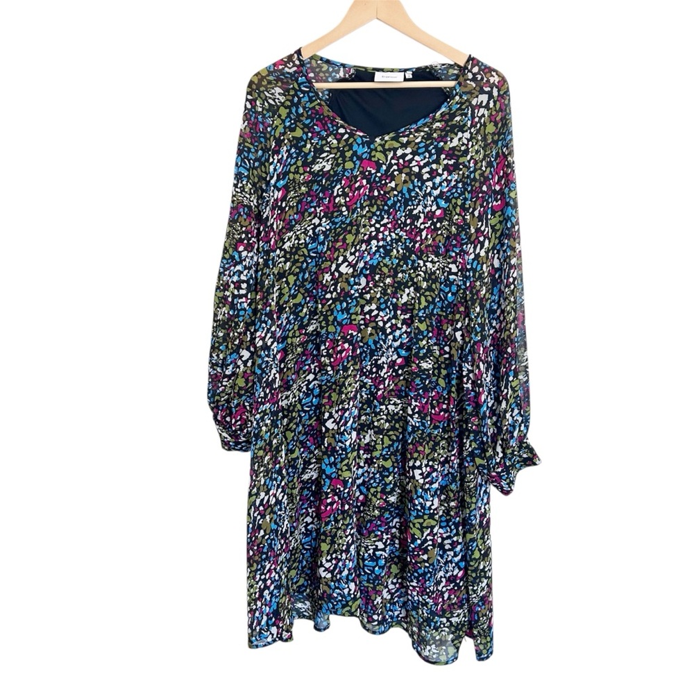 Fransa Long Sleeve Abstract Print Shear Swing Dress Plus Size 44